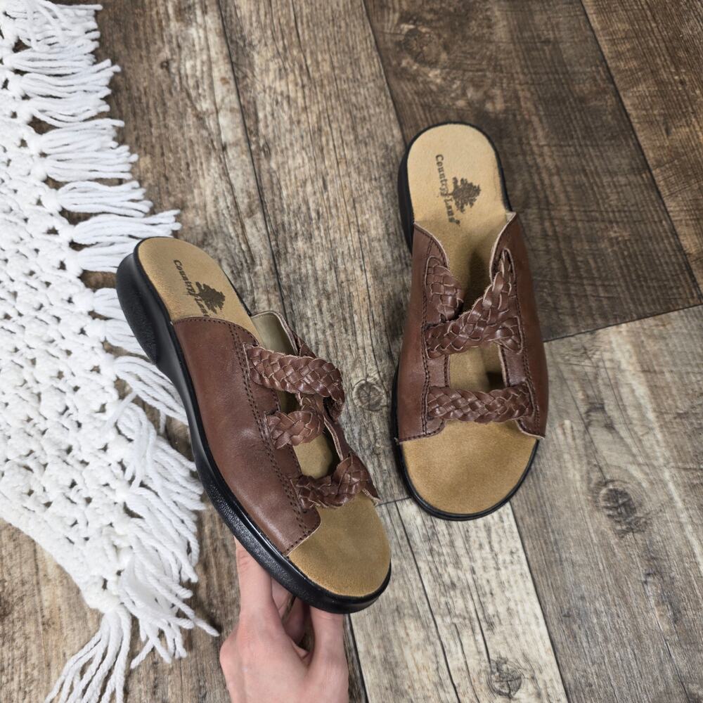 Vintage Leather Woven Braided Brown Slip On Sandals Slides Size 10 Fishman